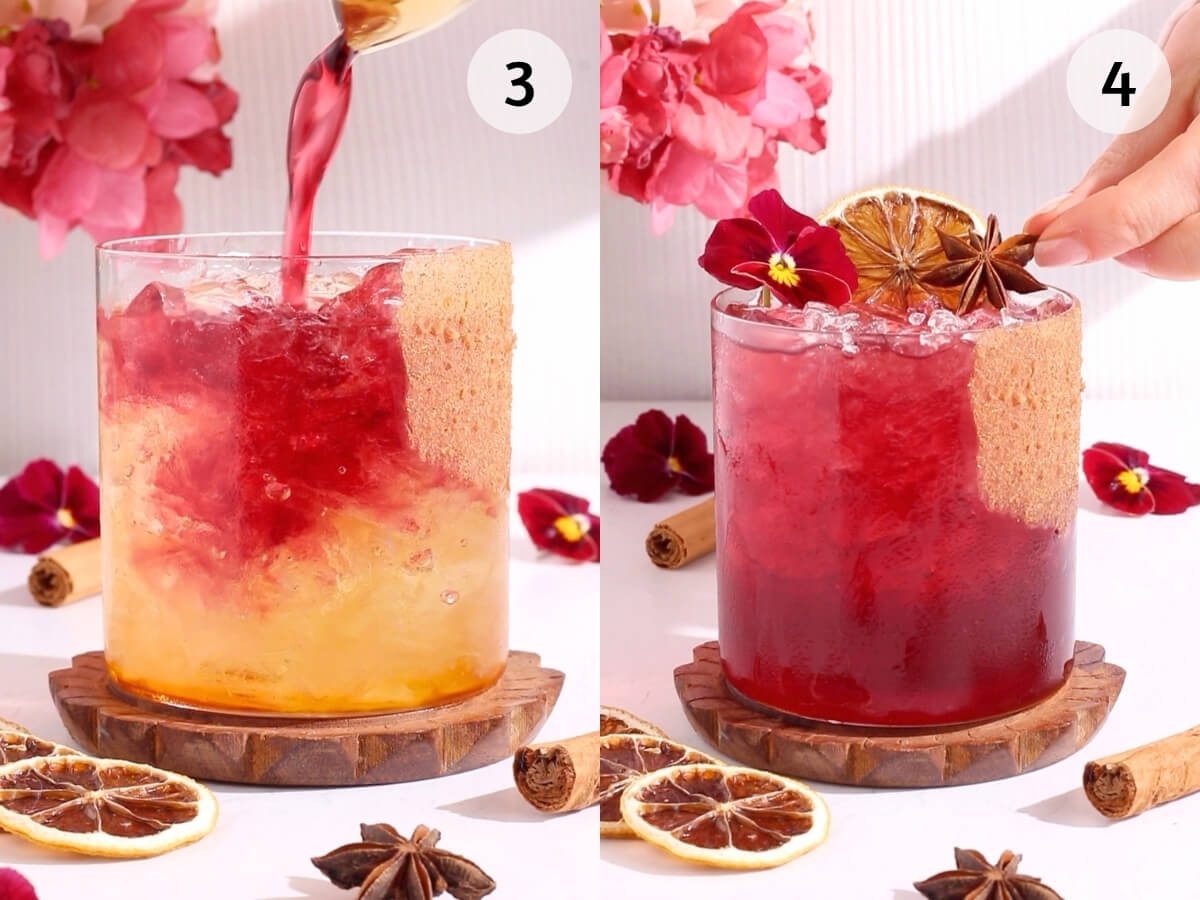 Two images side by side: the left shows red liquid being poured into a yellow drink with ice; the right shows the finished reddish drink garnished with a dried citrus slice, anise stars, and flower petals, surrounded by dried fruit and flowers.