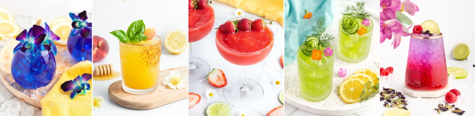 Five vibrant, colorful cocktails in various glasses, each garnished with fresh fruits, herbs, or flowers, displayed on bright backgrounds with ingredients like lemon, strawberries, honey, and ice surrounding the drinks.