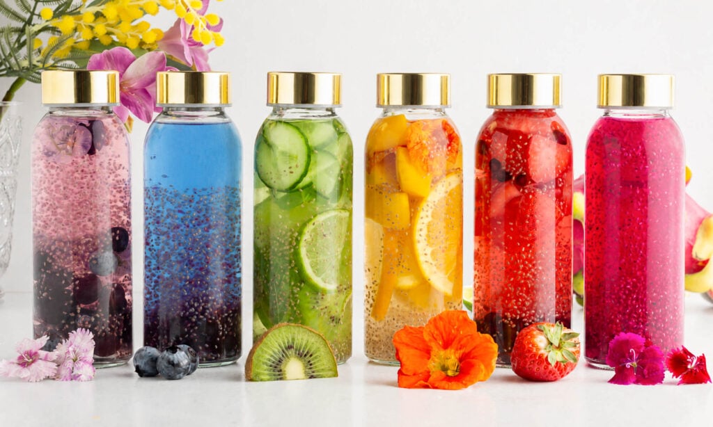 Six glass bottles with gold lids contain colorful infused waters with fruits and chia seeds. From left to right: blueberry, blue, cucumber, citrus, red berry, and pink mixtures. Flowers and fruit slices are in front and behind.