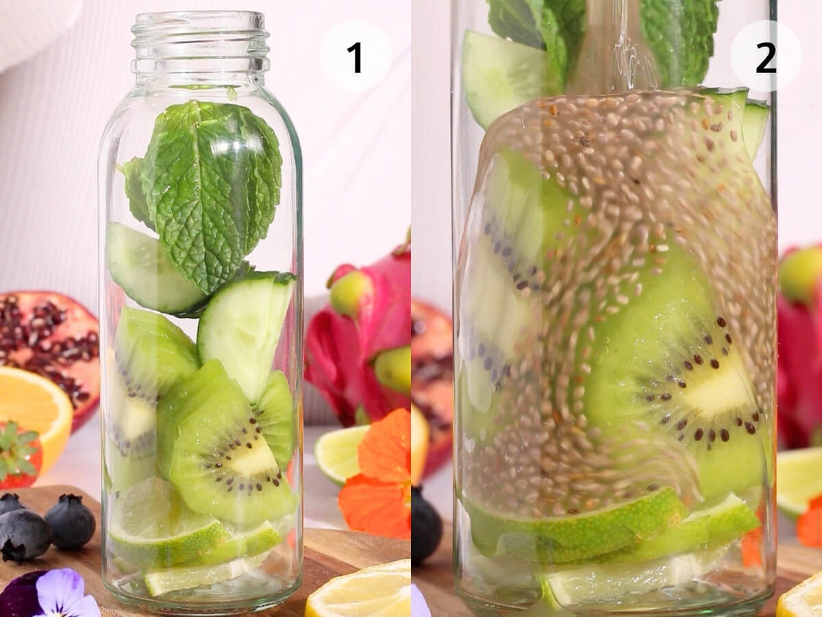Side-by-side images showing a glass bottle: left, filled with cucumber, kiwi, lime slices, and mint leaves; right, the same bottle with water added and chia seeds expanding inside. Fresh fruits are visible in the background.