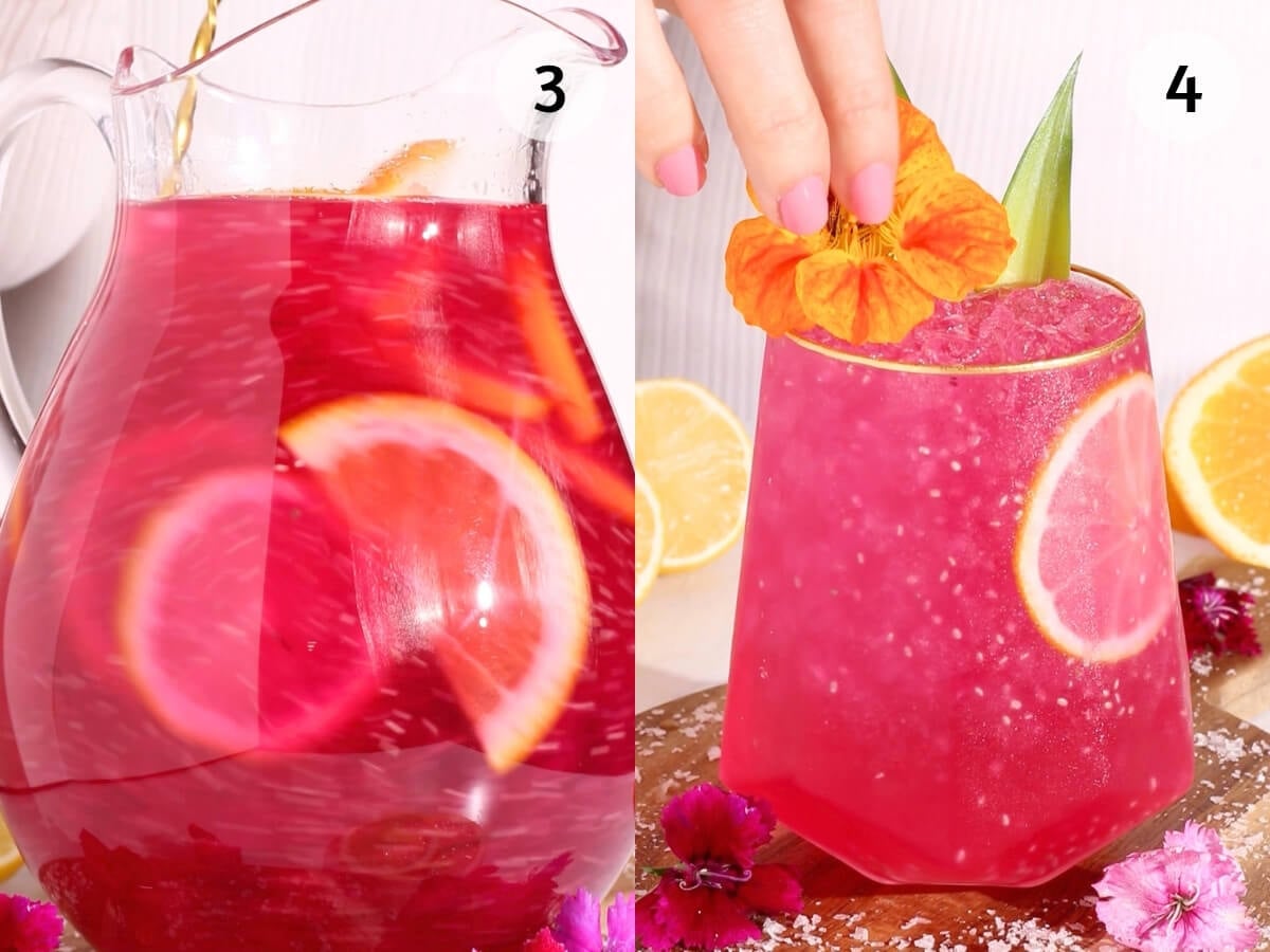 A vibrant pink drink with lemon slices in a glass pitcher (left) and a glass garnished with a lemon slice, flower, and pineapple leaf (right), with lemon halves and pink flowers nearby. Numbers 3 and 4 are marked on the image.