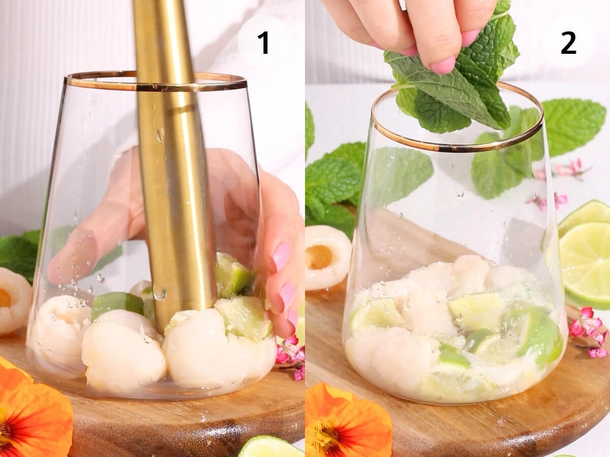Two-panel image: Panel 1 shows a hand muddling lychee and lime in a glass with a golden muddler. Panel 2 shows a hand adding fresh mint leaves to the same glass, with flowers, lime, and lychee in the background.