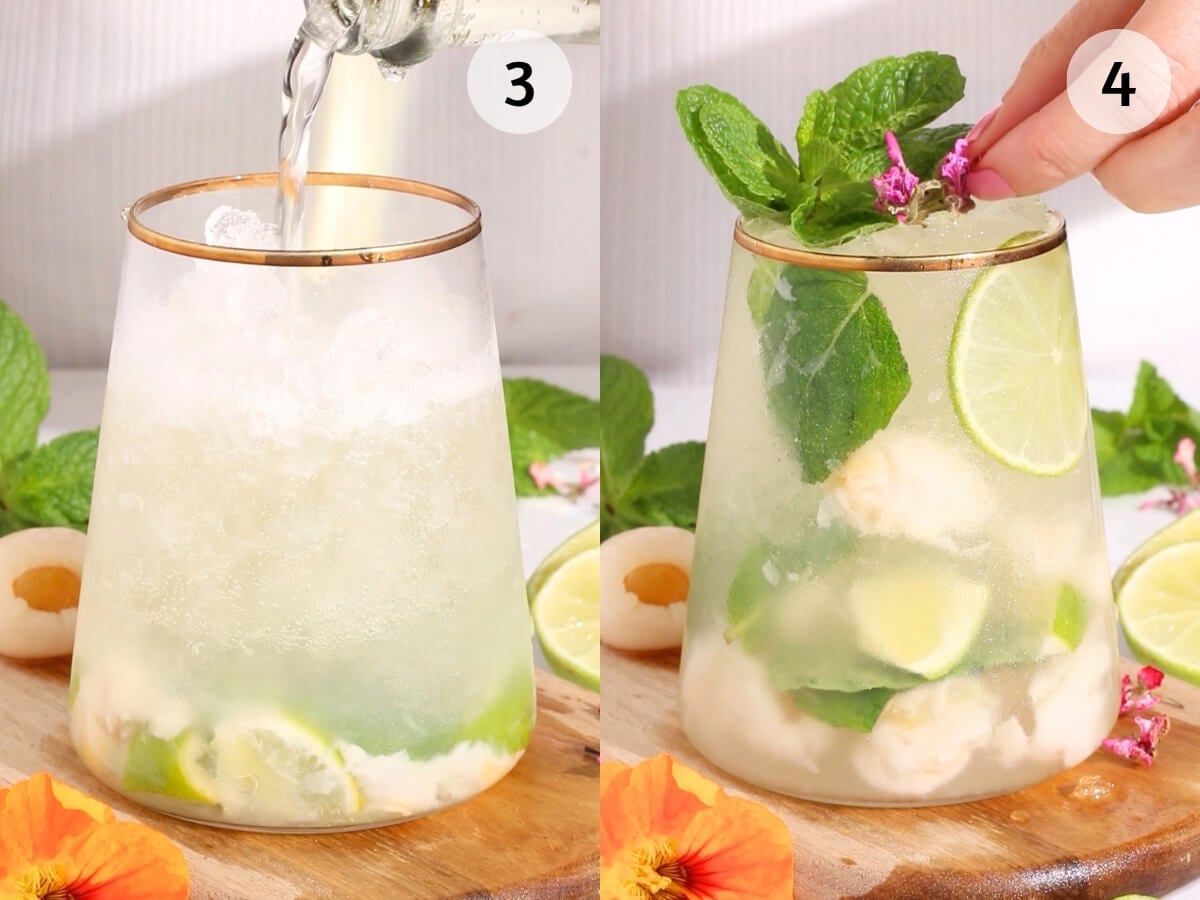 Left: A glass with ice, lime, and lychee is being filled with a clear liquid. Right: The finished drink is garnished with mint, lime slices, and edible flowers. Both glasses are on a wooden surface with flowers nearby.
