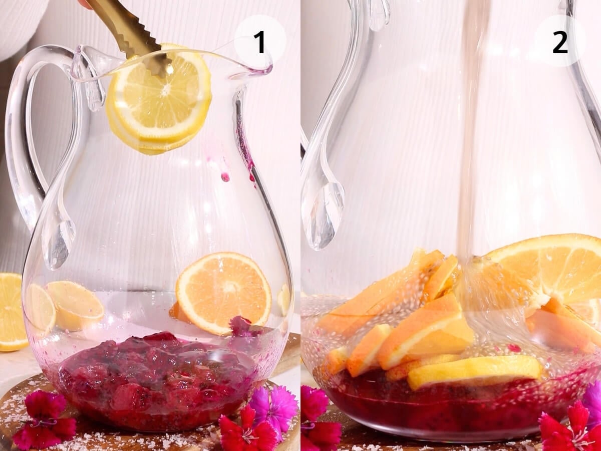 Side-by-side images show a clear pitcher with lemon slices, berries, and pink flowers; step 1 adds a lemon slice, while step 2 pours a liquid over the fruit into the pitcher.