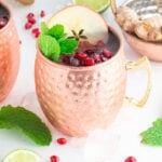 A copper mug filled with a dark drink, garnished with pomegranate seeds, mint, and a slice of apple. Scattered pomegranate seeds, ice, mint leaves, lime slices, and ginger pieces surround the mug.