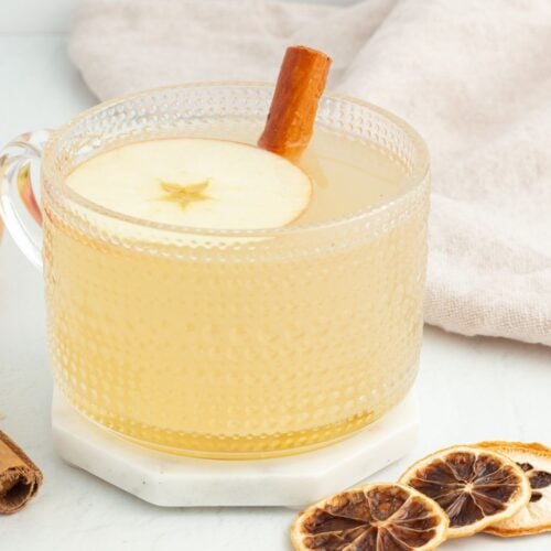 A glass mug of apple cider garnished with an apple slice and cinnamon stick, accompanied by a fresh apple and cinnamon sticks on the table.