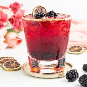 A blackberry mocktail in a gold-rimmed glass, garnished with fresh blackberries and a dehydrated citrus slice.